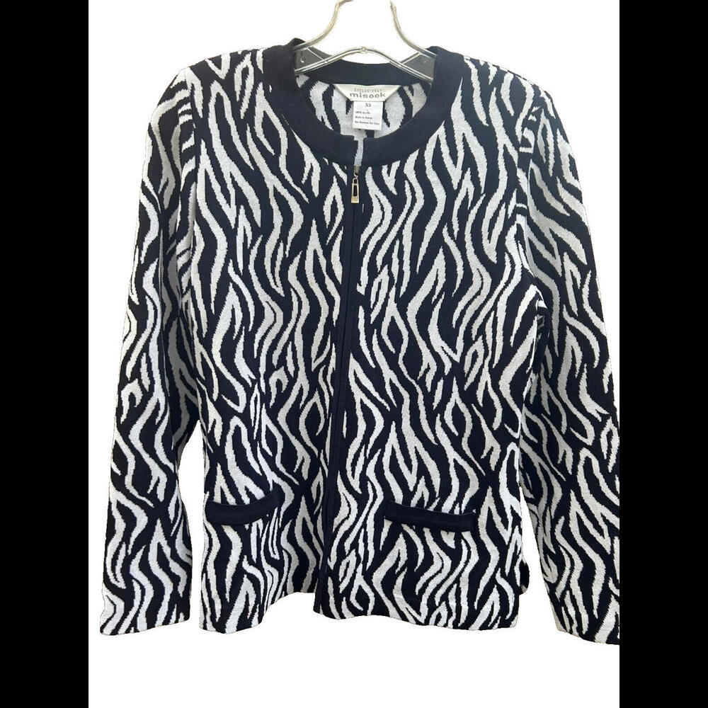 Exclusively Misook Zipper Cardigan Size XS Classic Work Wear Office Navy White